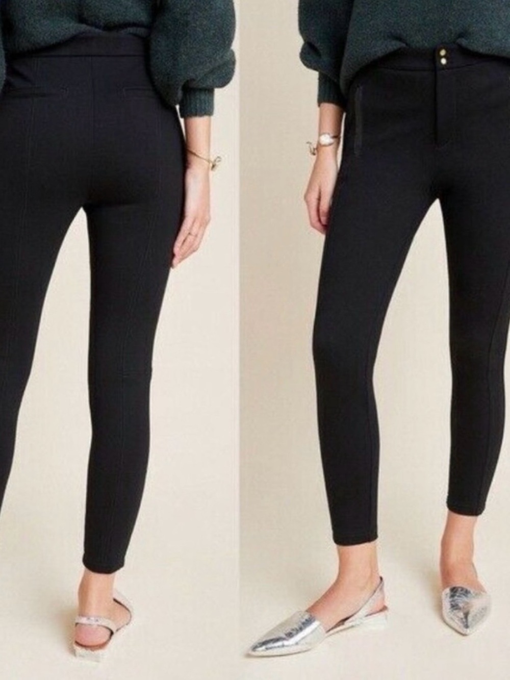 Anthropologie Essential Slim Ponte Knit Pants Faux Leather Trim SZ 2 Black
